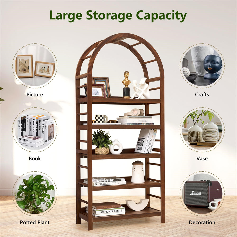 Wooden bookshelf with large storage capacity, displaying various items on each shelf.
