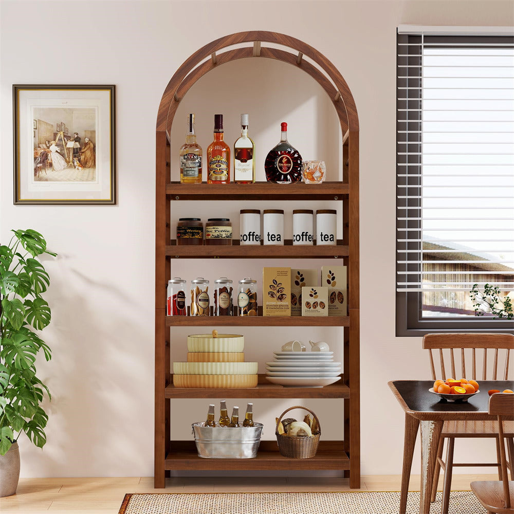 Wooden shelf with various items in a room with a window and plant