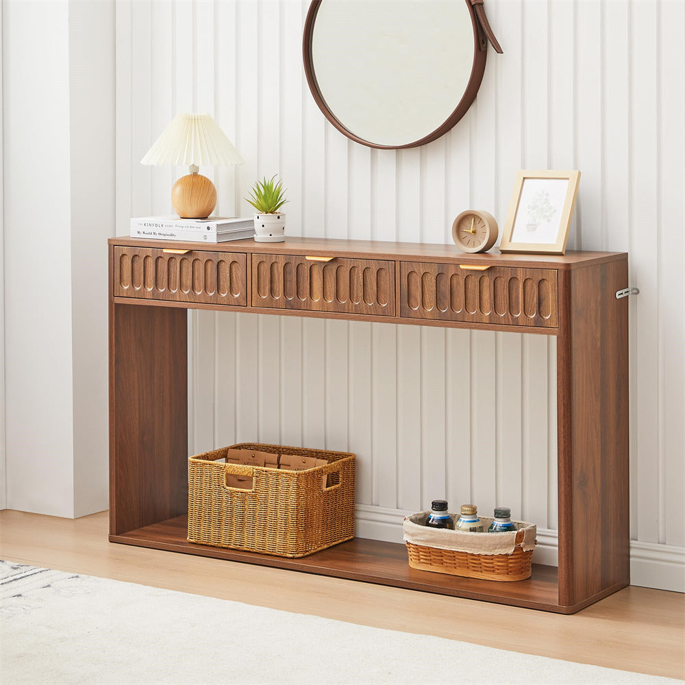 Walnut 51.18" Mid Century Farmhouse Console Table with Storage and 3 Drawers
