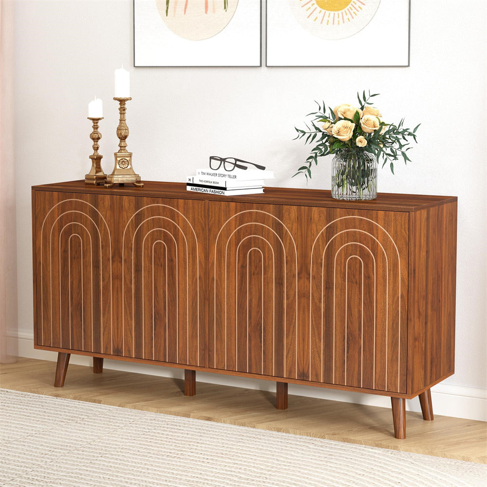 Walnut 59" Modern Accent Sideboard Storage Cabinet With 4 Doors & Carving Lines