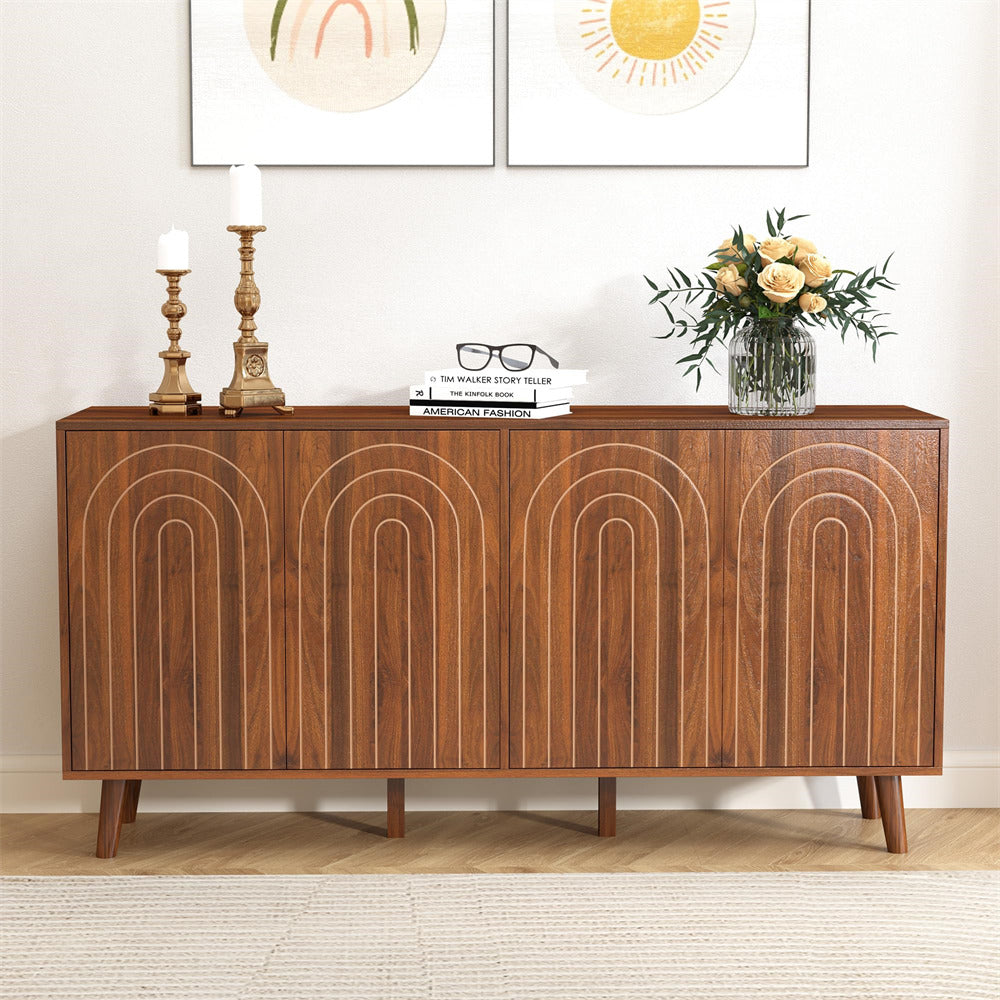 Walnut 59" Modern Accent Sideboard Storage Cabinet With 4 Doors & Carving Lines