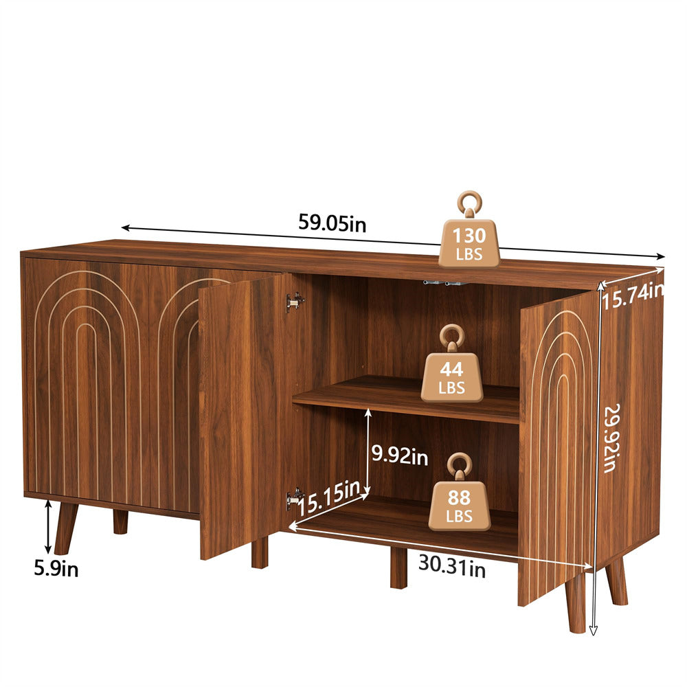 Walnut 59" Modern Accent Sideboard Storage Cabinet With 4 Doors & Carving Lines