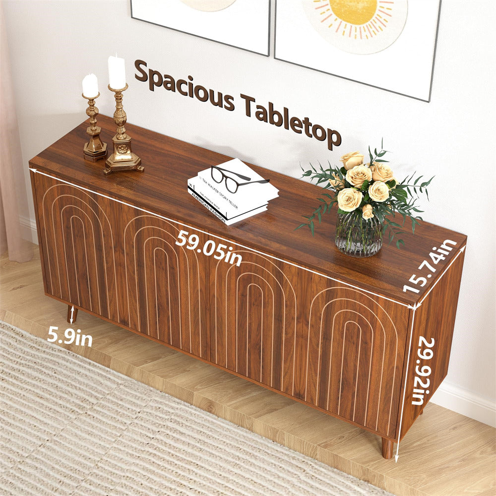 Walnut 59" Modern Accent Sideboard Storage Cabinet With 4 Doors & Carving Lines