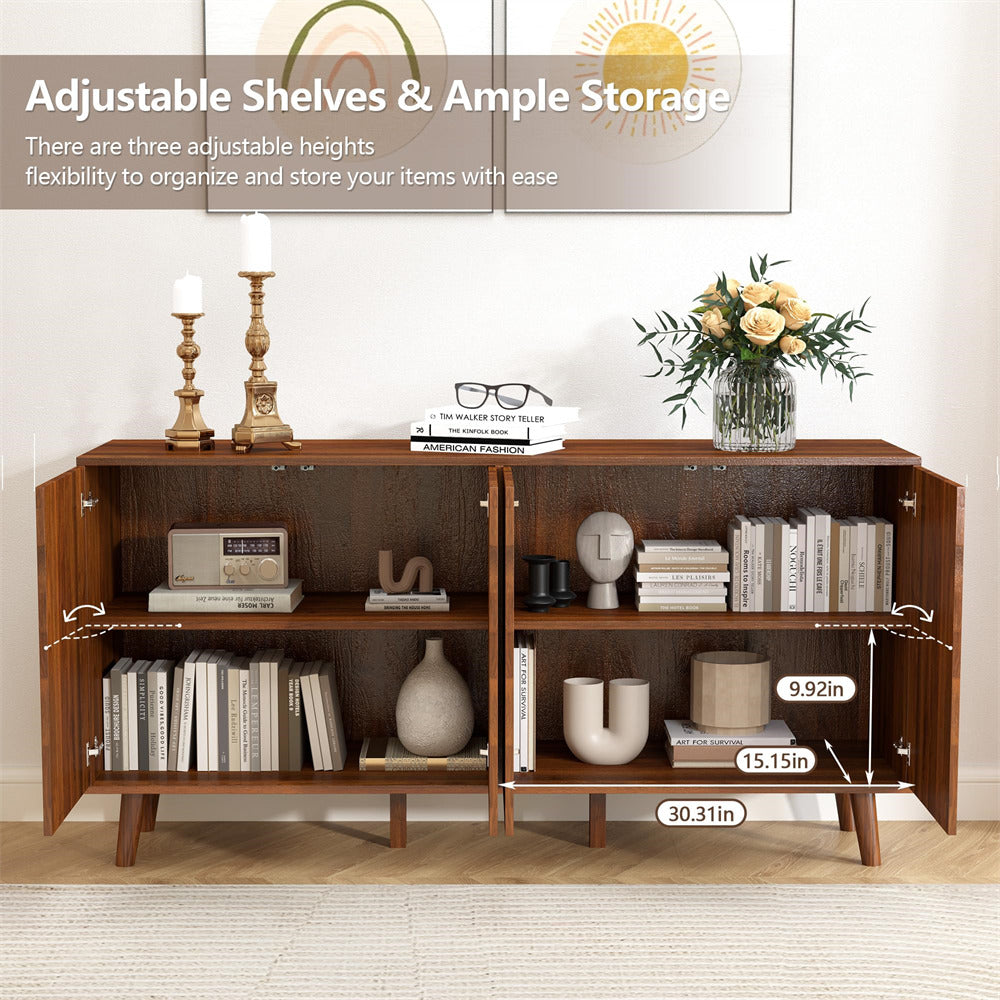 Walnut 59" Modern Accent Sideboard Storage Cabinet With 4 Doors & Carving Lines