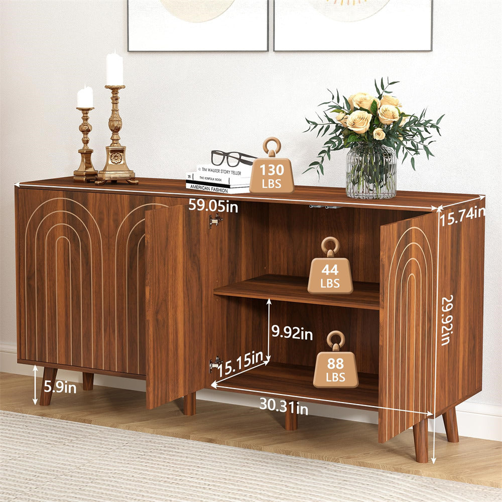 Walnut 59" Modern Accent Sideboard Storage Cabinet With 4 Doors & Carving Lines