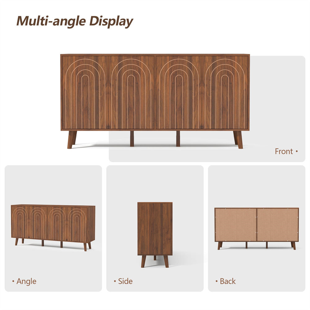 Walnut 59" Modern Accent Sideboard Storage Cabinet With 4 Doors & Carving Lines