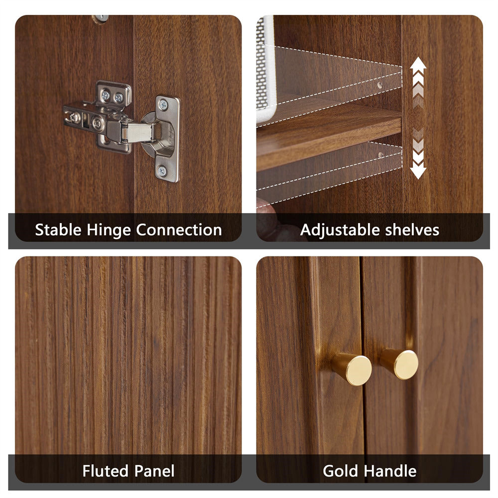 Collage of features including stable hinge connection, adjustable shelves, fluted panel, and gold handle on a wooden cabinet.