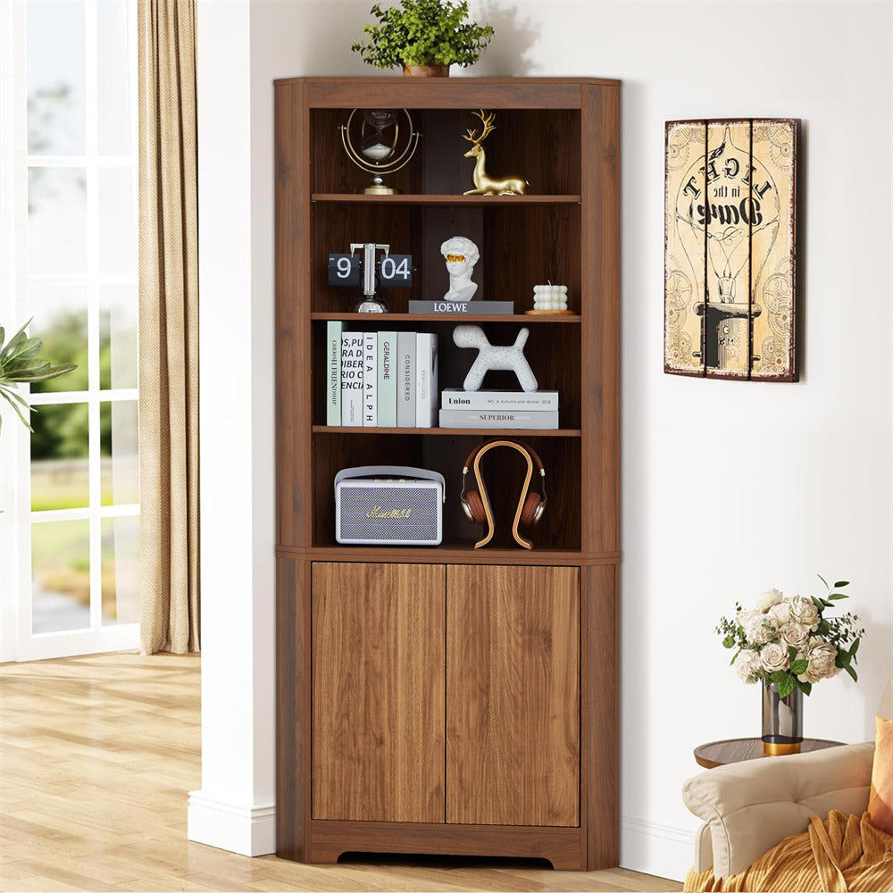 Walnut 71" 6-Tier Tall Corner Storage Cabinet with 2 Fluted Doors