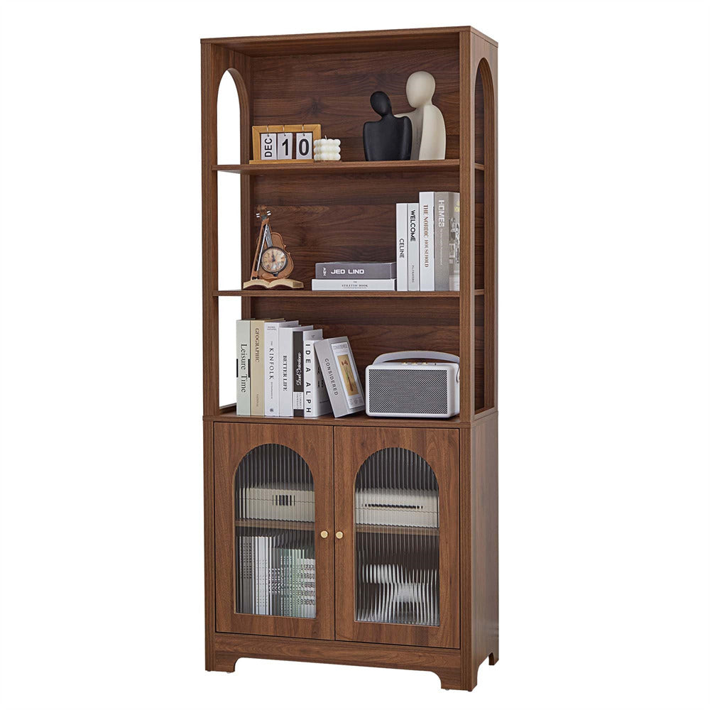 Wooden bookshelf with decorative items on a white background