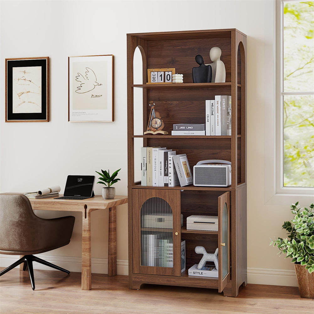 Wooden bookshelf with decorative items in a home office setting
