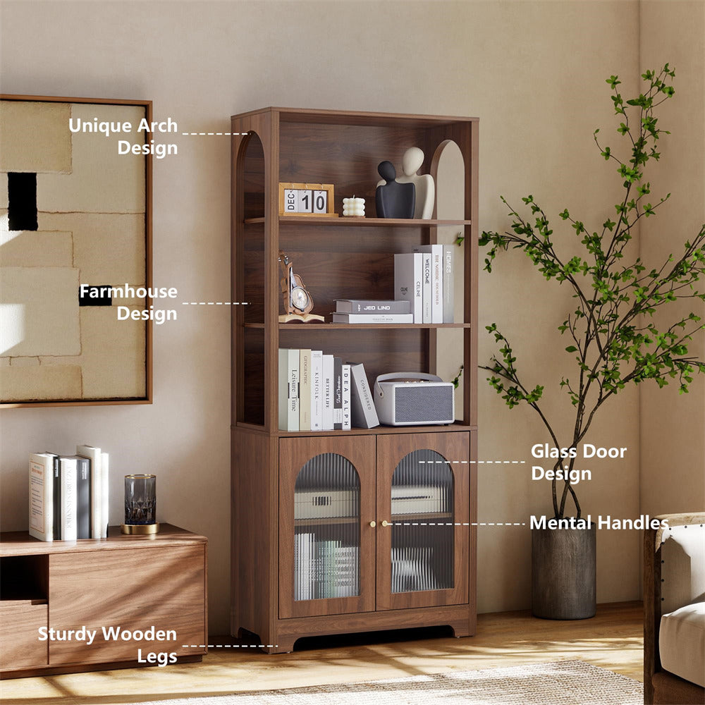 Wooden bookshelf with features highlighted in a room setting