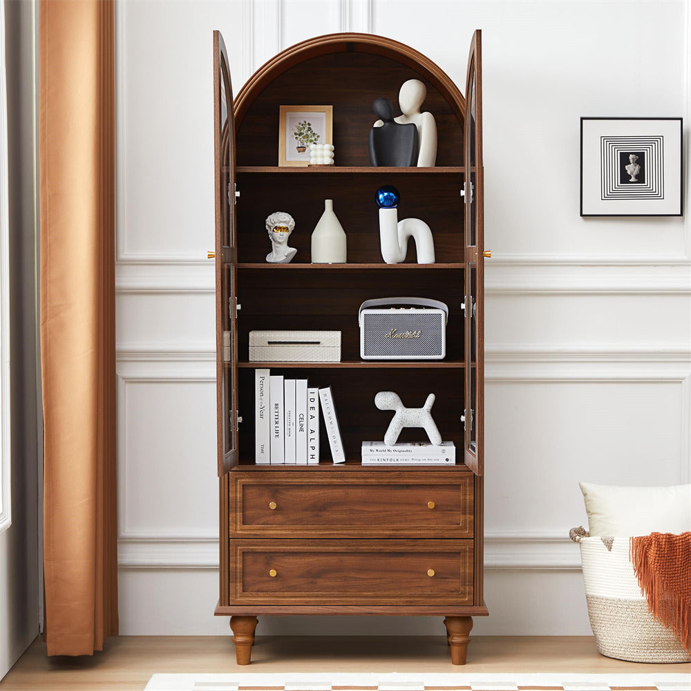 Walnut 71" Tall Arched Kitchen Pantry Cabinet 4-Tier Bookcase with 2 Large Drawers and Glass Doors