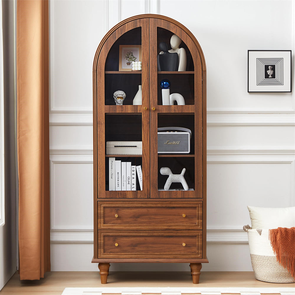 Walnut 71" Tall Arched Kitchen Pantry Cabinet 4-Tier Bookcase with 2 Large Drawers and Glass Doors