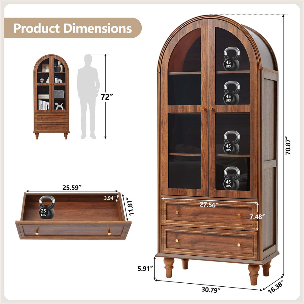 Walnut 71" Tall Arched Kitchen Pantry Cabinet 4-Tier Bookcase with 2 Large Drawers and Glass Doors