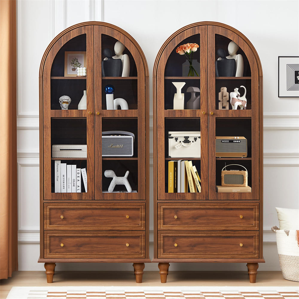 Walnut 71" Tall Arched Kitchen Pantry Cabinet 4-Tier Bookcase with 2 Large Drawers and Glass Doors