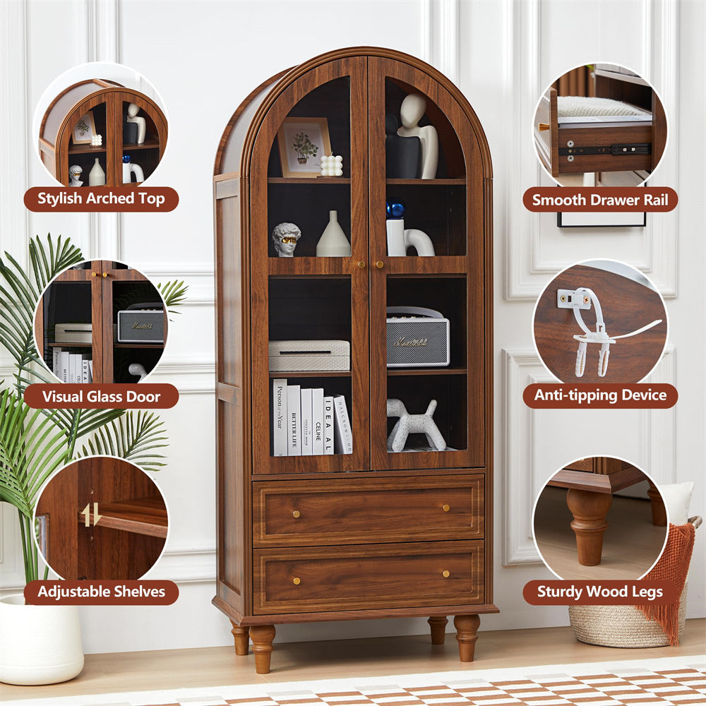 Walnut 71" Tall Arched Kitchen Pantry Cabinet 4-Tier Bookcase with 2 Large Drawers and Glass Doors