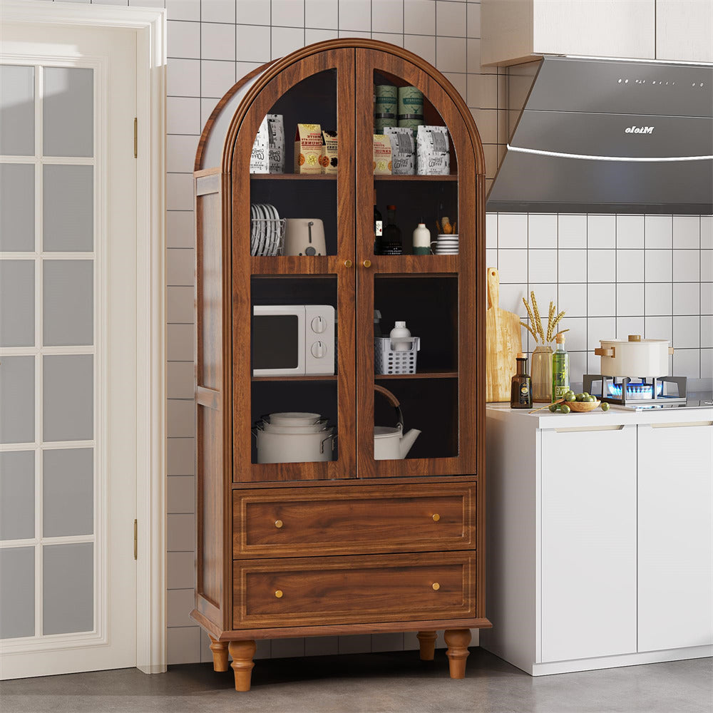Walnut 71" Tall Arched Kitchen Pantry Cabinet 4-Tier Bookcase with 2 Large Drawers and Glass Doors