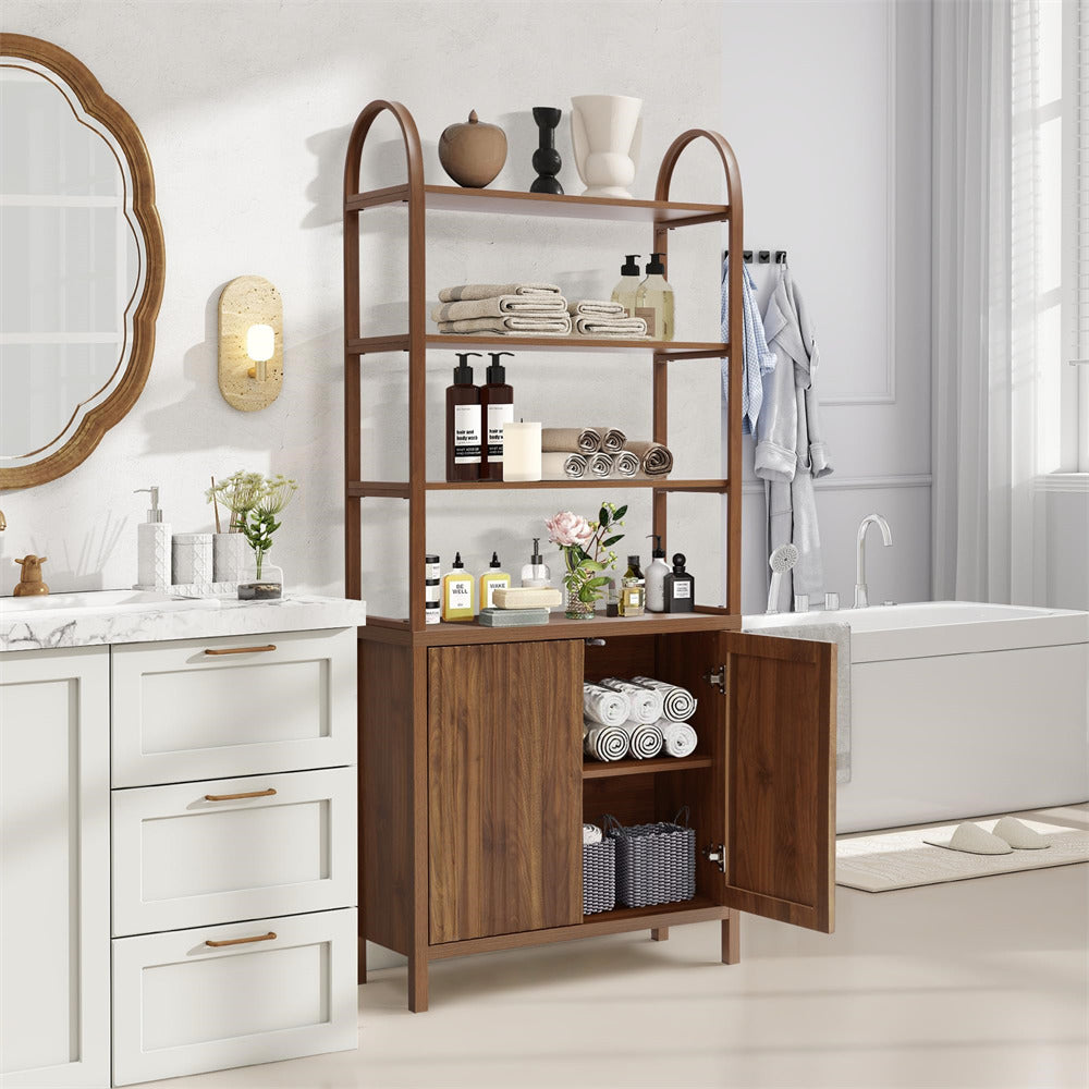 Walnut 71” Freestanding Tall 6 Tier Arched Bookshelf with Fluted Doors and Open Display Storage Shelf