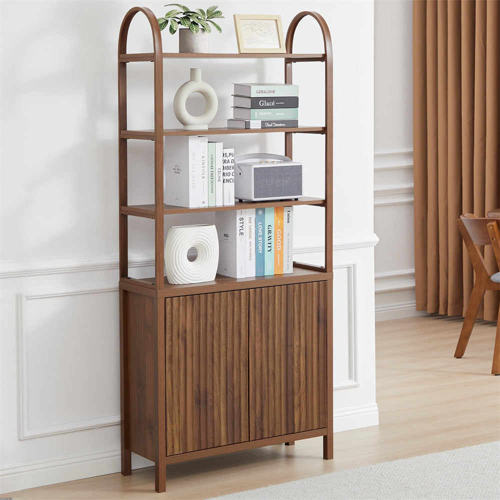 Walnut 71” Freestanding Tall 6 Tier Arched Bookshelf with Fluted Doors and Open Display Storage Shelf