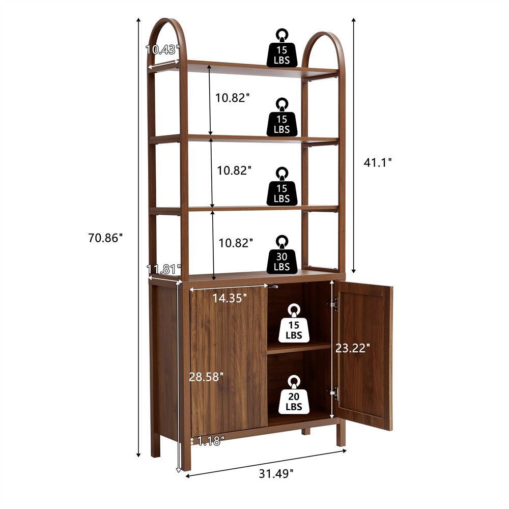 Walnut 71” Freestanding Tall 6 Tier Arched Bookshelf with Fluted Doors and Open Display Storage Shelf
