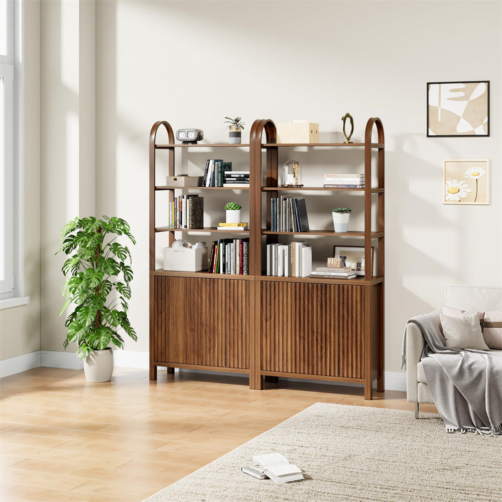 Walnut 71” Freestanding Tall 6 Tier Arched Bookshelf with Fluted Doors and Open Display Storage Shelf
