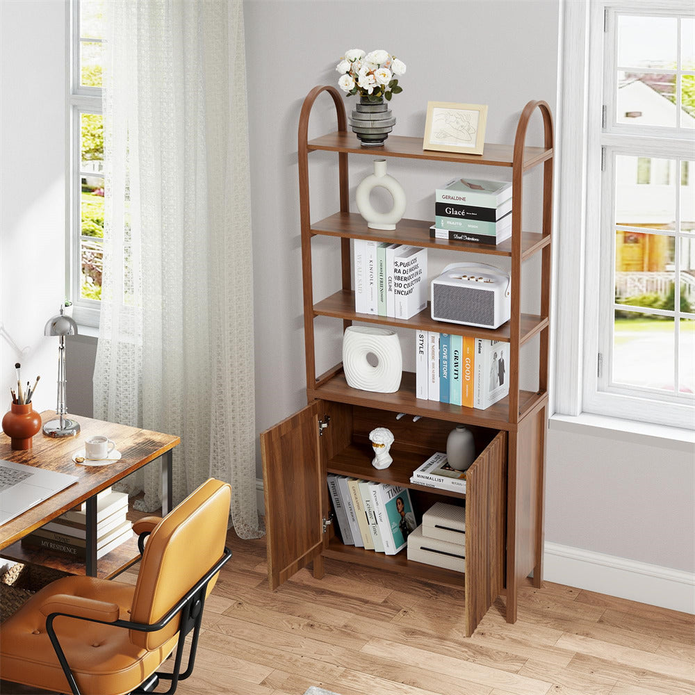 Walnut 71” Freestanding Tall 6 Tier Arched Bookshelf with Fluted Doors and Open Display Storage Shelf