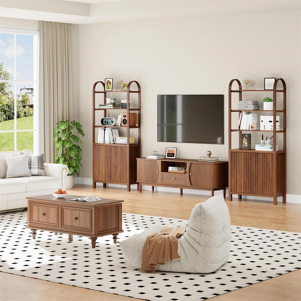 Walnut 71” Freestanding Tall 6 Tier Arched Bookshelf with Fluted Doors and Open Display Storage Shelf