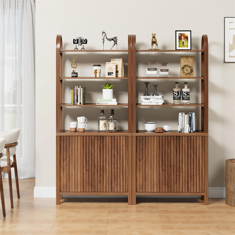 Walnut 71” Freestanding Tall 6 Tier Arched Bookshelf with Fluted Doors and Open Display Storage Shelf