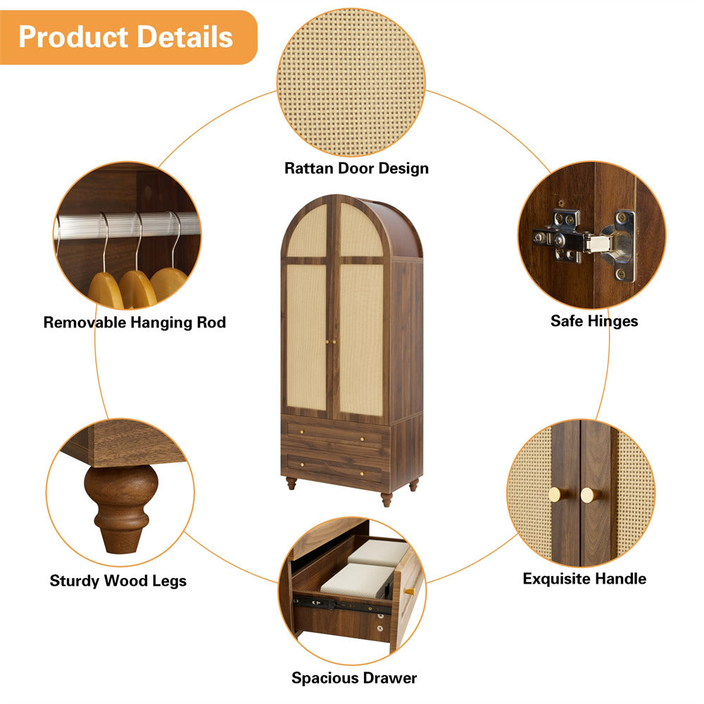 Walnut 74.8” Tall Wardrobe Storage Cabinet Rattan Freestanding Armoire with 2 Drawers and Hanging Rod