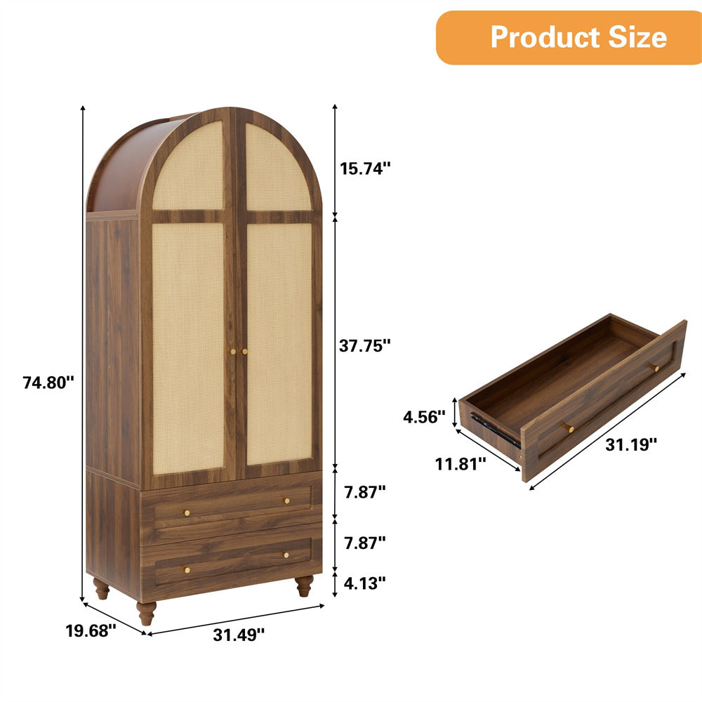 Walnut 74.8” Tall Wardrobe Storage Cabinet Rattan Freestanding Armoire with 2 Drawers and Hanging Rod