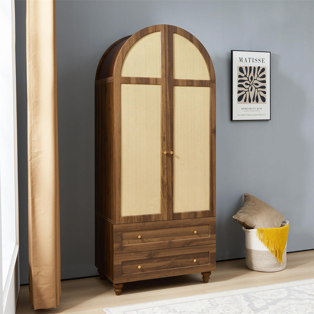 Walnut 74.8” Tall Wardrobe Storage Cabinet Rattan Freestanding Armoire with 2 Drawers and Hanging Rod