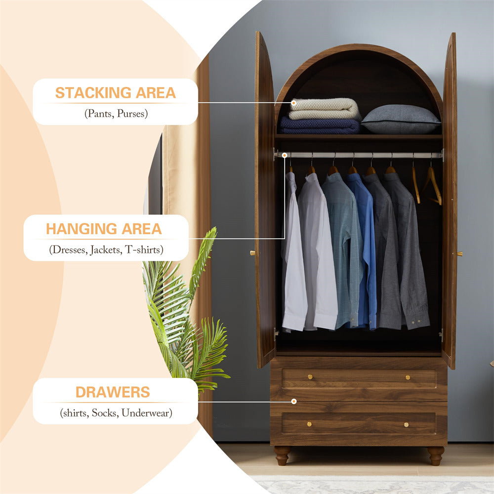 Walnut 74.8” Tall Wardrobe Storage Cabinet Rattan Freestanding Armoire with 2 Drawers and Hanging Rod