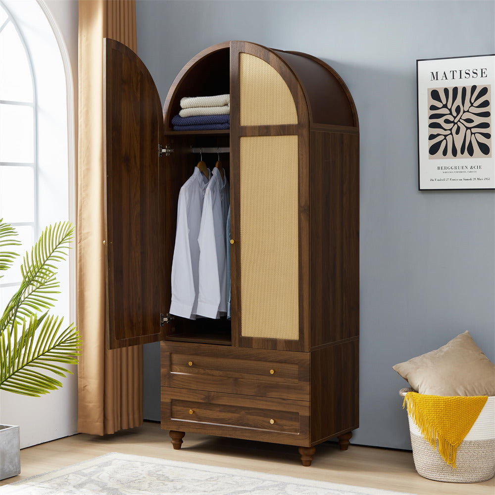 Walnut 74.8” Tall Wardrobe Storage Cabinet Rattan Freestanding Armoire with 2 Drawers and Hanging Rod
