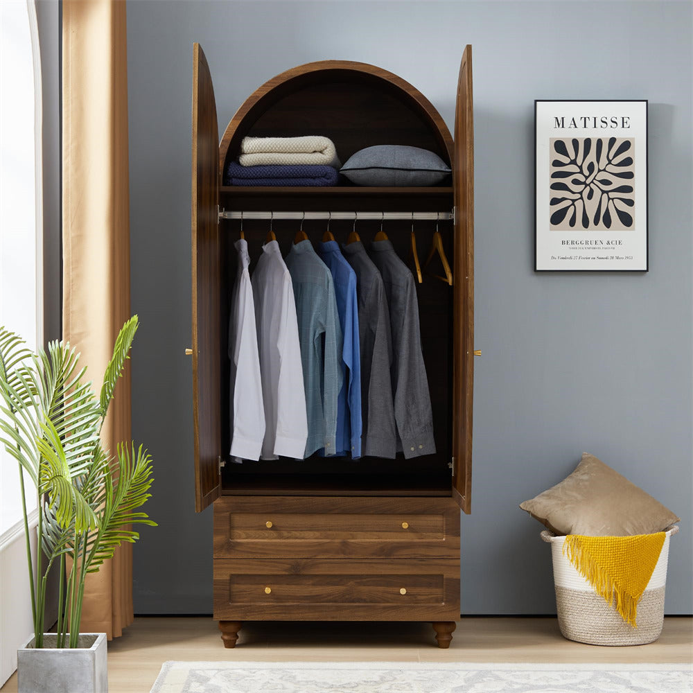 Walnut 74.8” Tall Wardrobe Storage Cabinet Rattan Freestanding Armoire with 2 Drawers and Hanging Rod