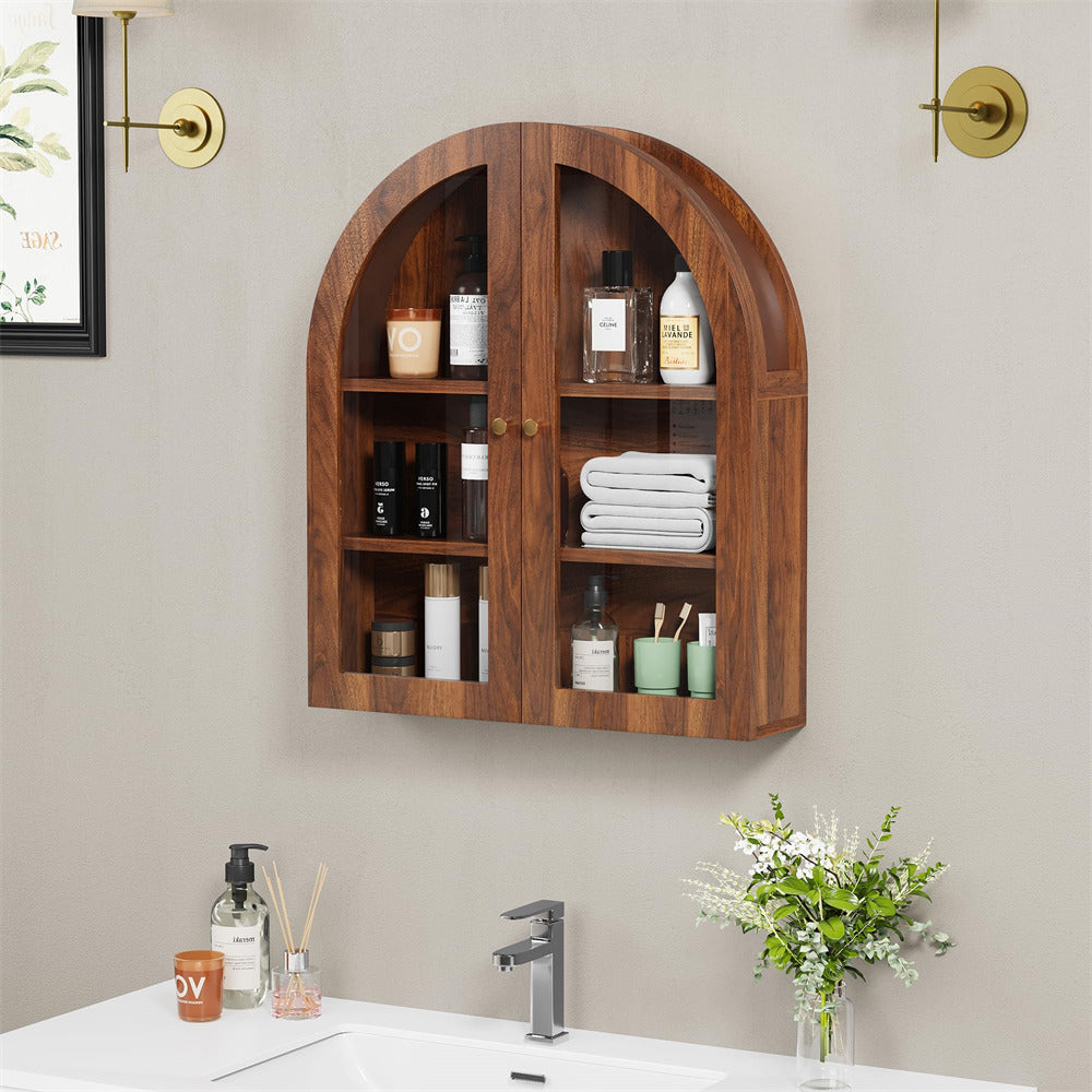 Walnut Arched Bathroom Wall Storage Cabinet with Adjustable Wood Shelf & Glass Doors