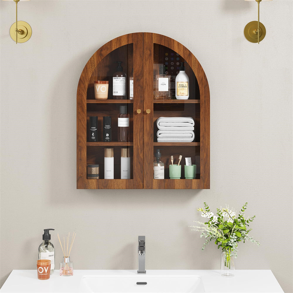 Walnut Arched Bathroom Wall Storage Cabinet with Adjustable Wood Shelf & Glass Doors