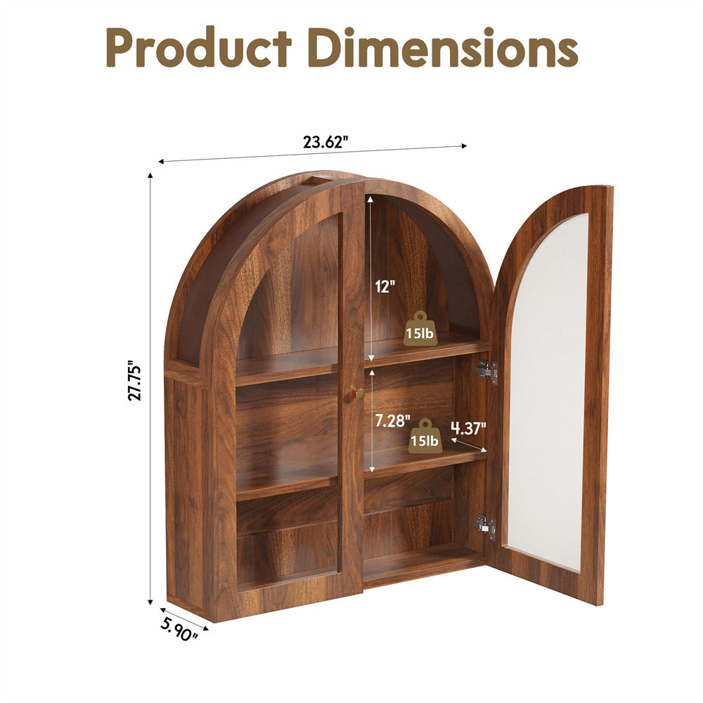 Walnut Arched Bathroom Wall Storage Cabinet with Adjustable Wood Shelf & Glass Doors