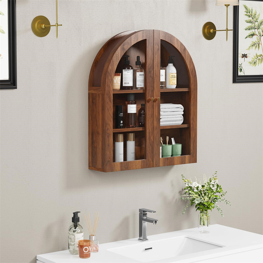 Walnut Arched Bathroom Wall Storage Cabinet with Adjustable Wood Shelf & Glass Doors
