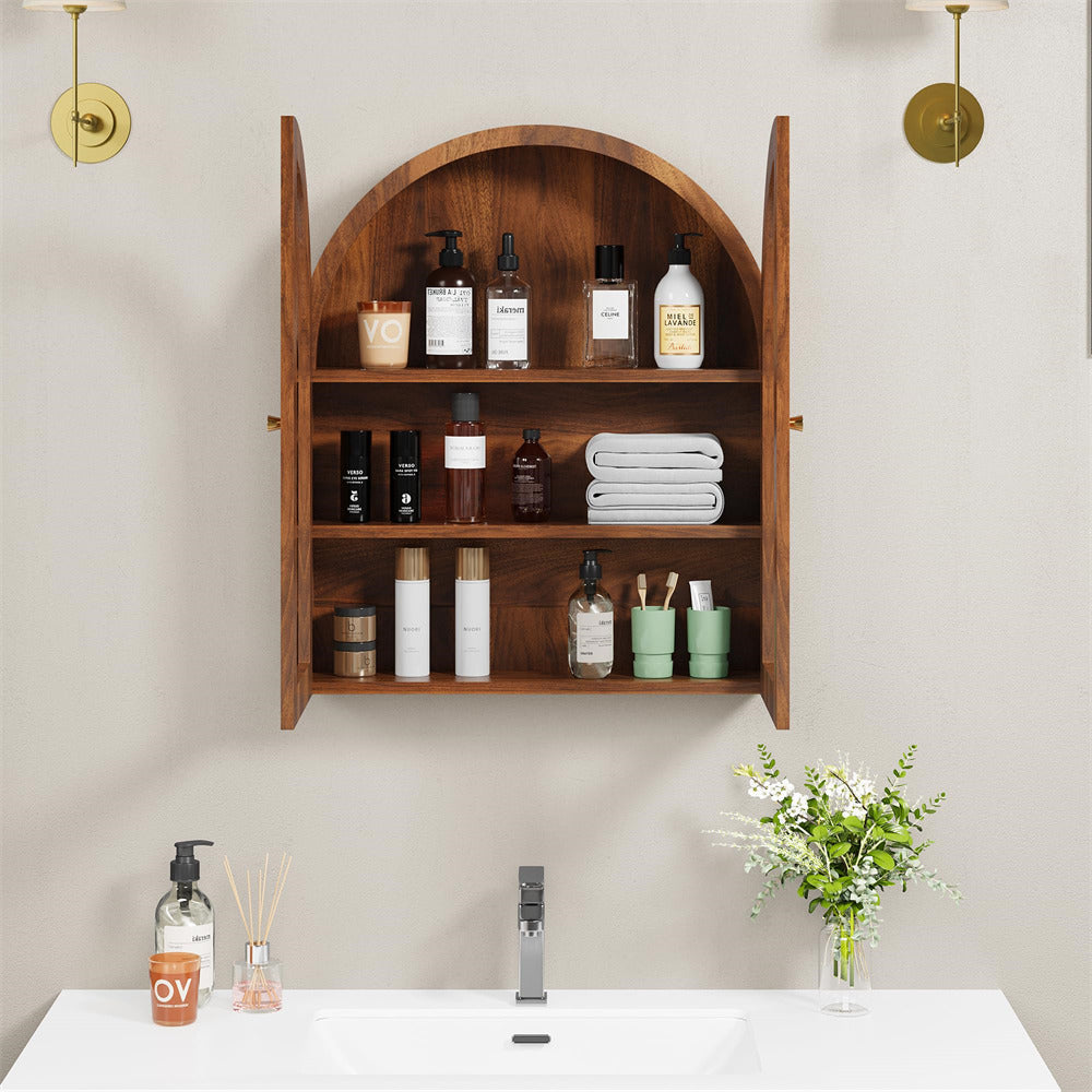 Walnut Arched Bathroom Wall Storage Cabinet with Adjustable Wood Shelf & Glass Doors