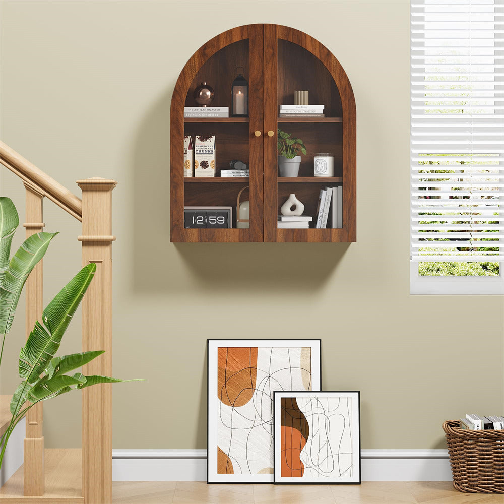 Walnut Arched Bathroom Wall Storage Cabinet with Adjustable Wood Shelf & Glass Doors