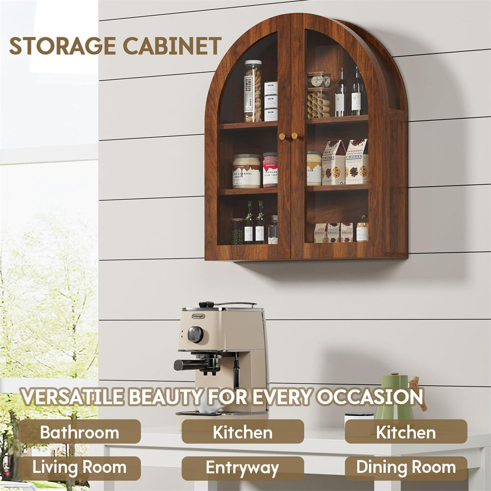 Walnut Arched Bathroom Wall Storage Cabinet with Adjustable Wood Shelf & Glass Doors