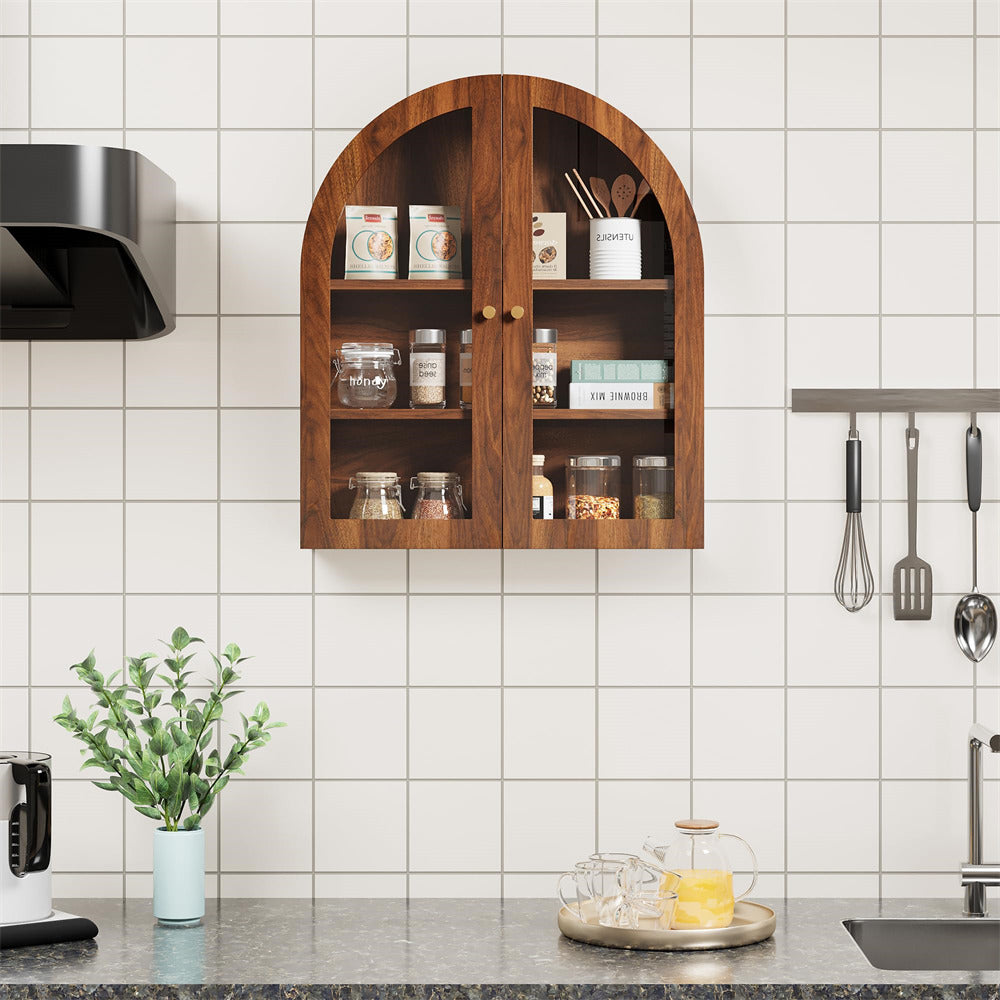 Walnut Arched Bathroom Wall Storage Cabinet with Adjustable Wood Shelf & Glass Doors