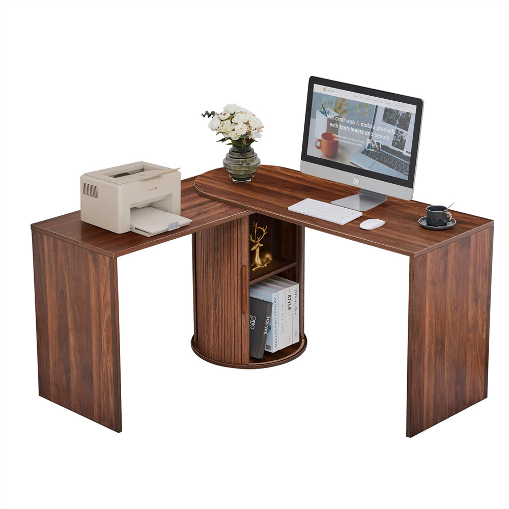 Walnut Boho Modern Corner L Shaped Computer Desk Table with Storage