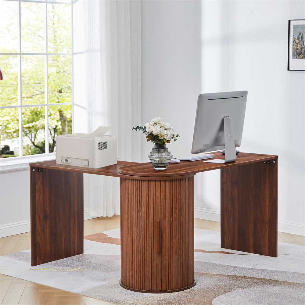 Walnut Boho Modern Corner L Shaped Computer Desk Table with Storage