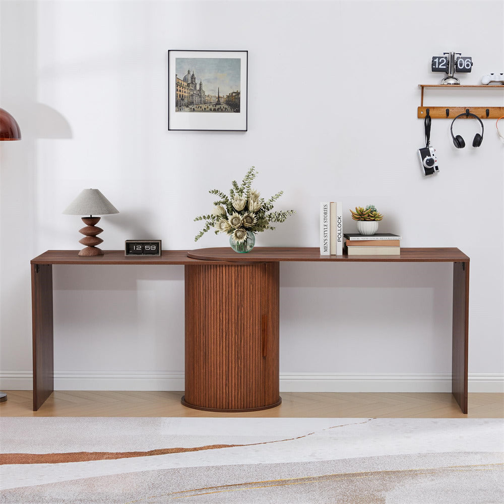 Wooden desk with decorative items in a modern office setting