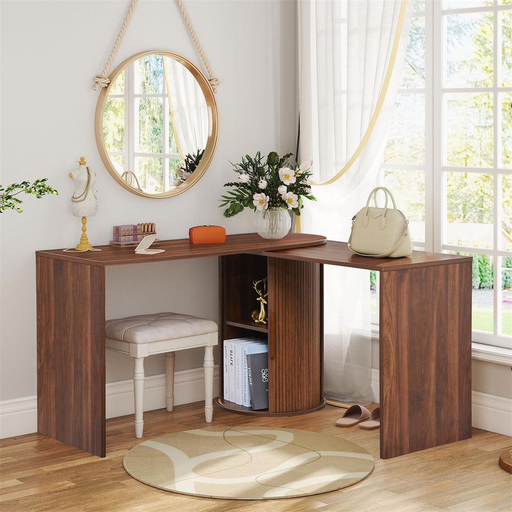 Wooden corner desk with chair, books, and decorative items in a bright room.