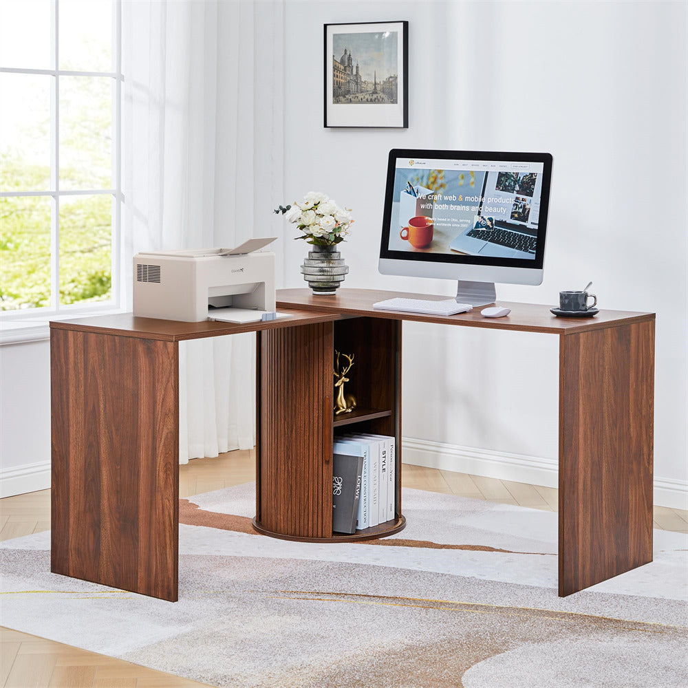 Walnut Boho Modern Corner L Shaped Computer Desk Table with Storage