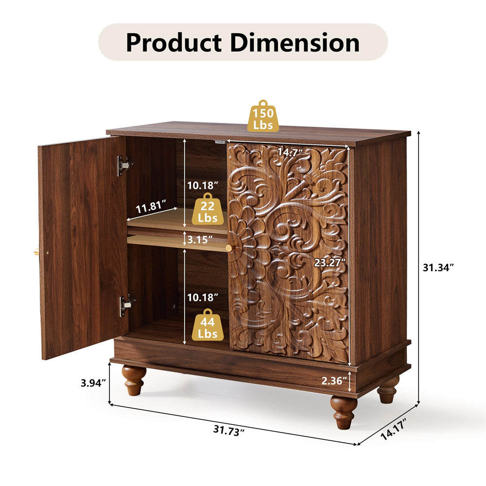 Wooden cabinet with intricate carvings and dimensions labeled on a white background