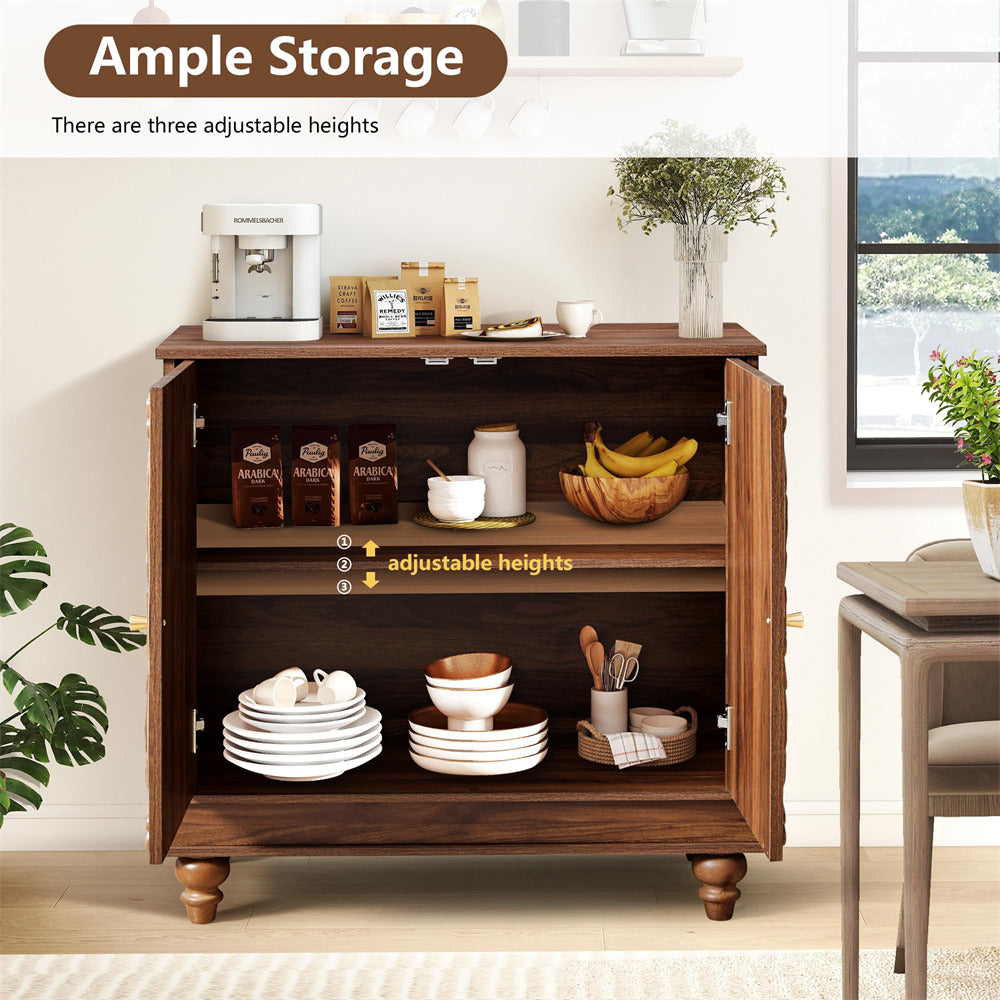 Wooden storage cabinet with adjustable shelves in a home setting