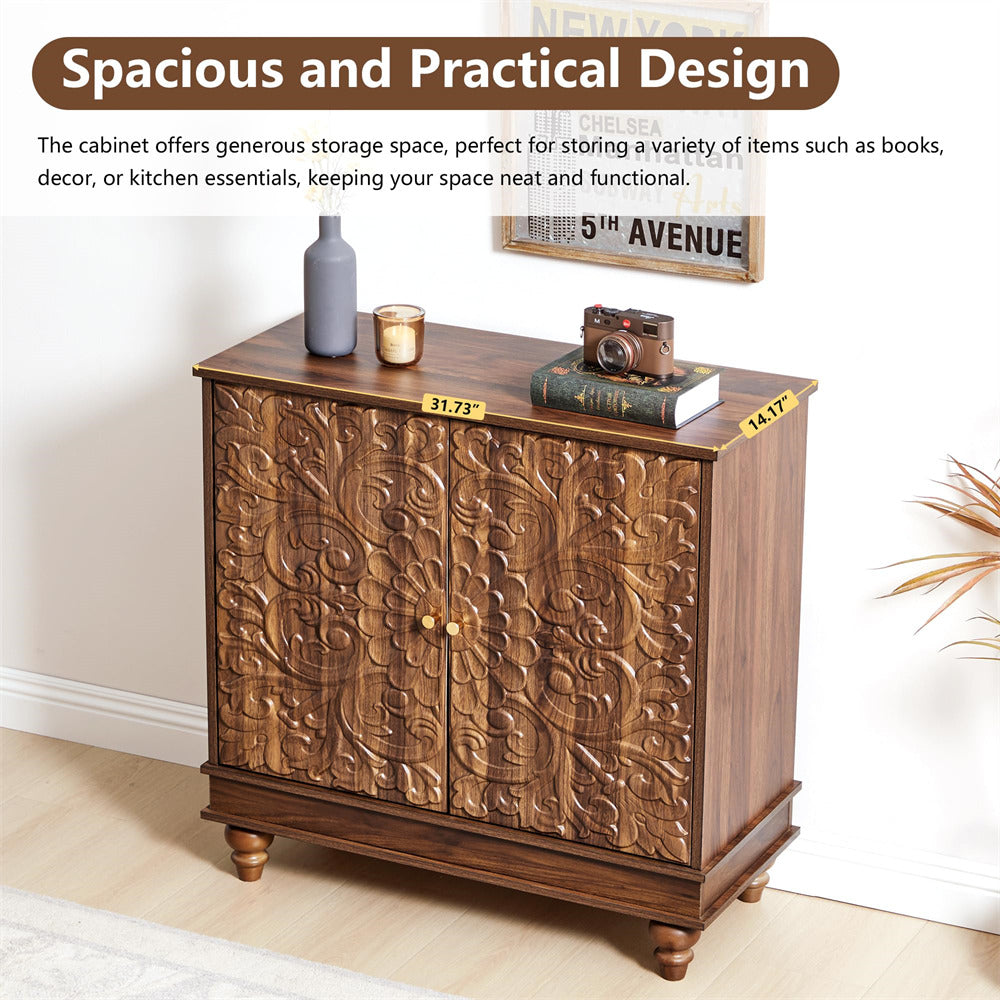 Wooden cabinet with decorative carvings on a white background